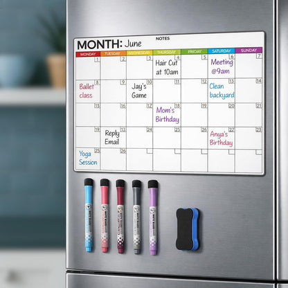 Fridge Calendar Acrylic 17x12”, Start Monday | Magnetic Calendar for Refrigerator | Acrylic Dry Erase Whiteboard Calendar for Fridge | Family Schedule Board with 5 Markers & Eraser by Freedom Mastery