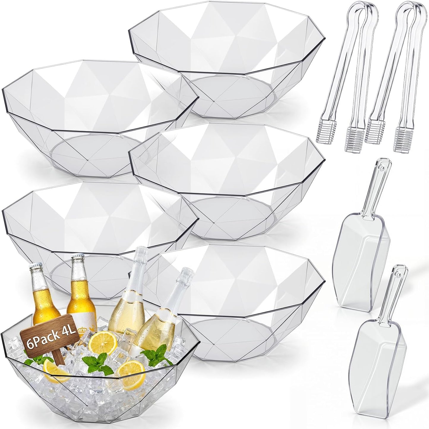 LemonRoad 6 Pcs 4l Clear Plastic Ice Buckets for Parties Beverage Tubs for Cocktail Acrylic Wine Champagne Buckets with 2 Scoops 2 Clamp Drink Cooler Bucket for Parties, Mimosa Bar Supplies, Beer
