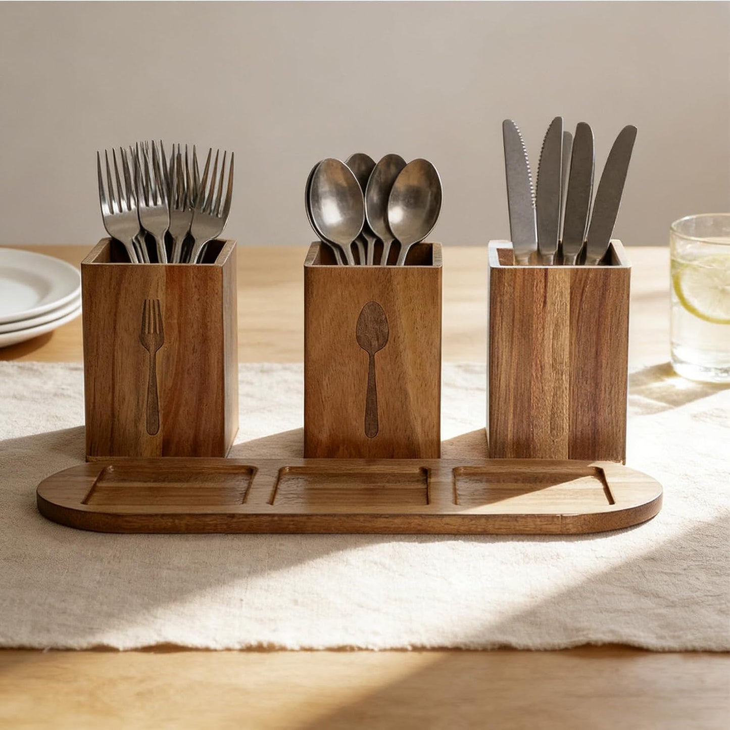 Takywep Acacia Wood Utensil Holder for Kitchen Countertop, Rustic Silverware Caddy Organizer Box, Cutlery Storage for Spoons Forks Knives, Holds Plates & Napkins, Farmhouse Kitchen Counter Organizer