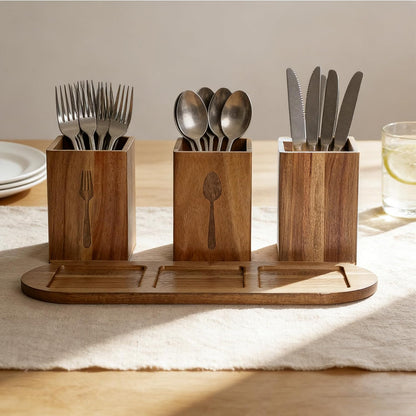 Takywep Acacia Wood Utensil Holder for Kitchen Countertop, Rustic Silverware Caddy Organizer Box, Cutlery Storage for Spoons Forks Knives, Holds Plates & Napkins, Farmhouse Kitchen Counter Organizer