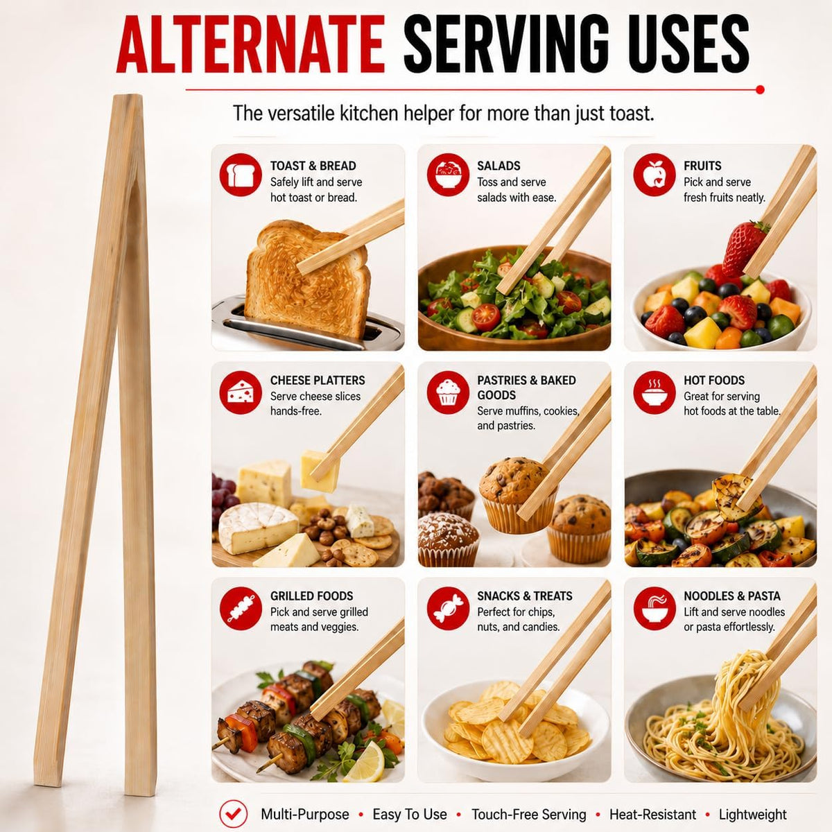 HIC Kitchen Toast Tongs, Natural Bamboo, 6.5-Inches