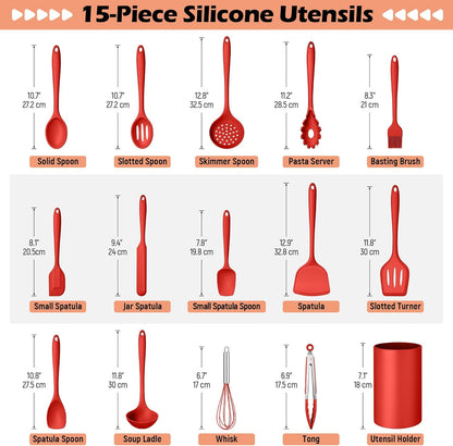 Homikit Silicone Cooking Utensil Set, 15pcs Kitchen Utensils with Holder for Nonstick Cookware, Heat Resistant Nontoxic Silicone Spatula Set Dishwasher Safe Kitchen Tools for Baking-Black