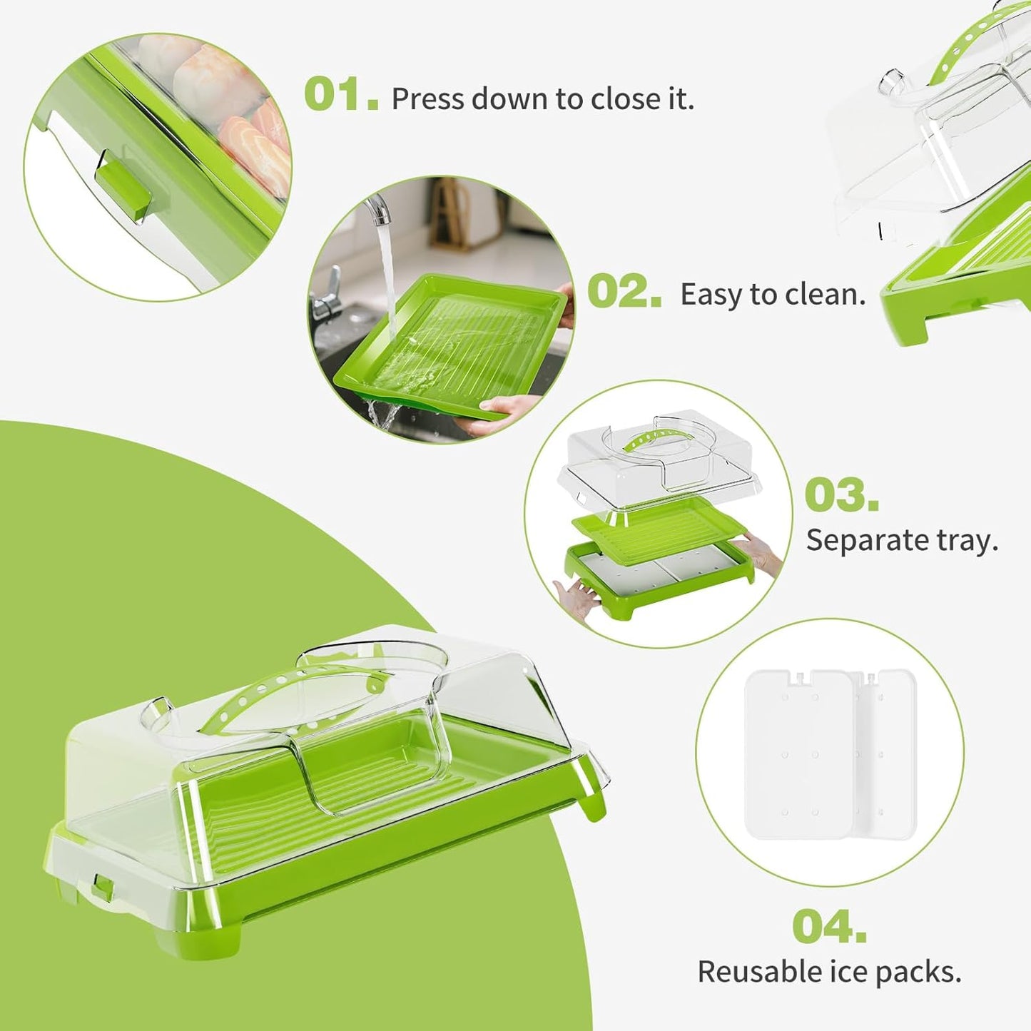 Chilled Portable Serving Tray Platterbox with Reusable Ice Pack with Lid Shrimp Cocktail Serving Dish Platter Cold Food Buffet Server for Appetizer Veggie Fruit Food Parties Outdoor Picnic, Green