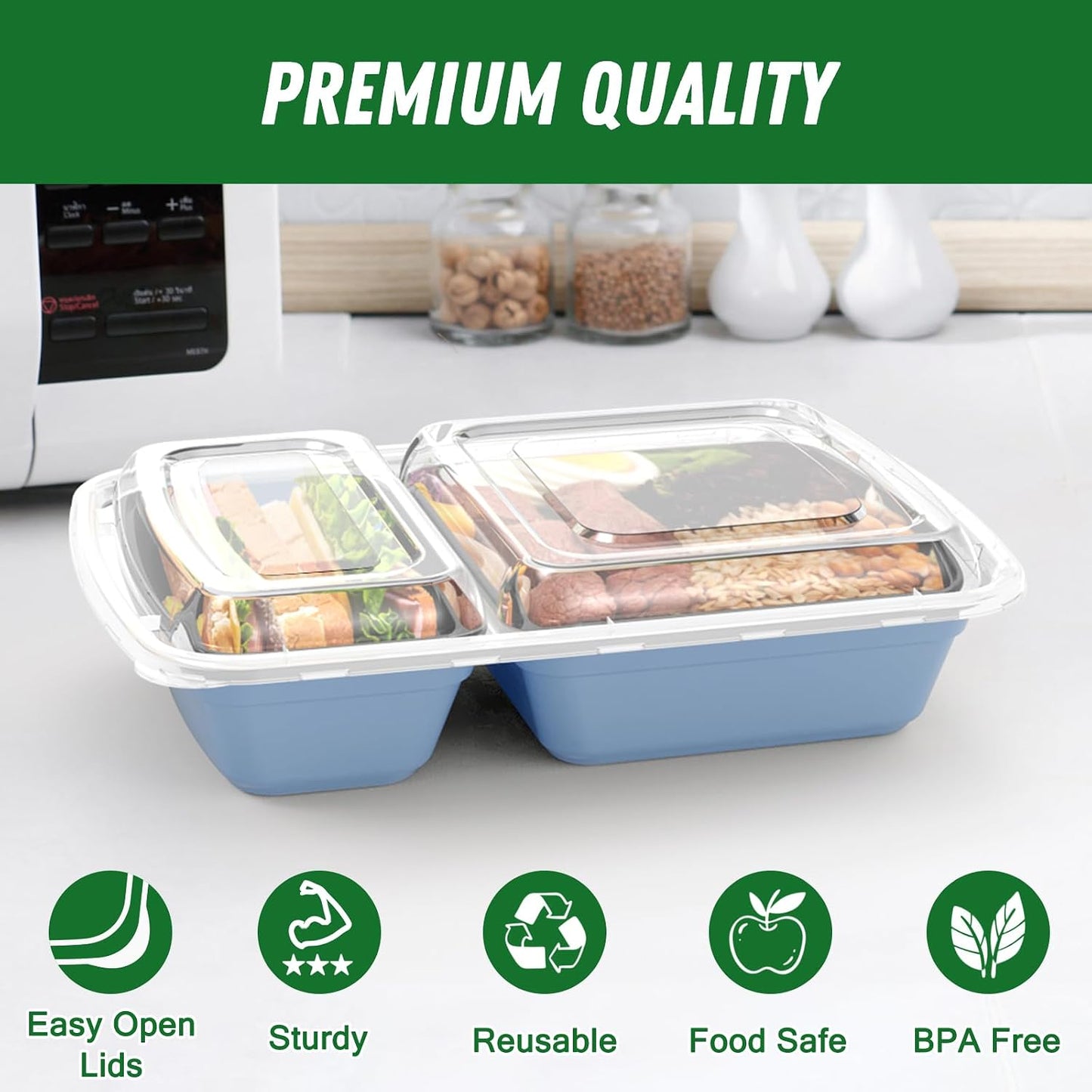 Dealusy 50 Pack (100-Piece) 28 oz Meal Prep Containers Reusable with Lids 2-Compartment, Sturdy Leakproof Food Safe, Microwave Freezer Dishwasher Safe, To Go Take Out Plastic Food Storage, Black