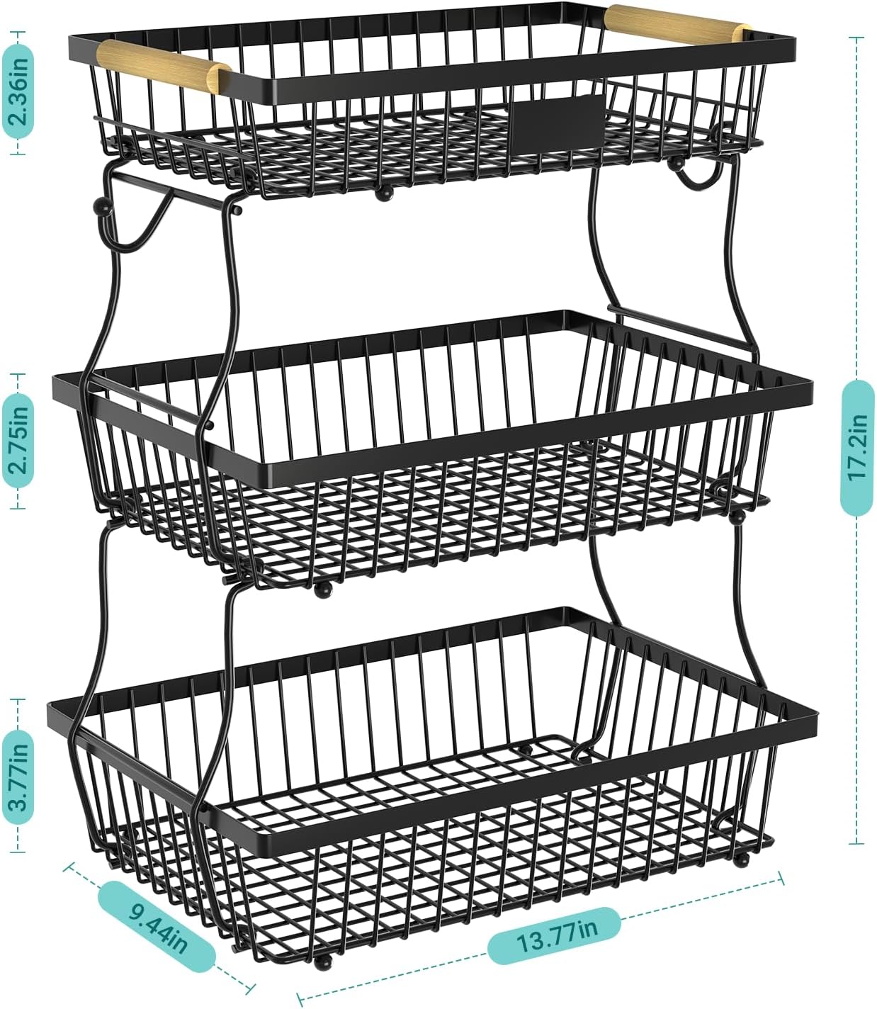 2 Tier Fruit Basket for Kitchen Counter with 2 Banana Hangers, Countertop Metal Bread Basket with Wooden Handle, Large Storage Stand for Vegetables, Snacks, Eggs, Produce Storage – Black