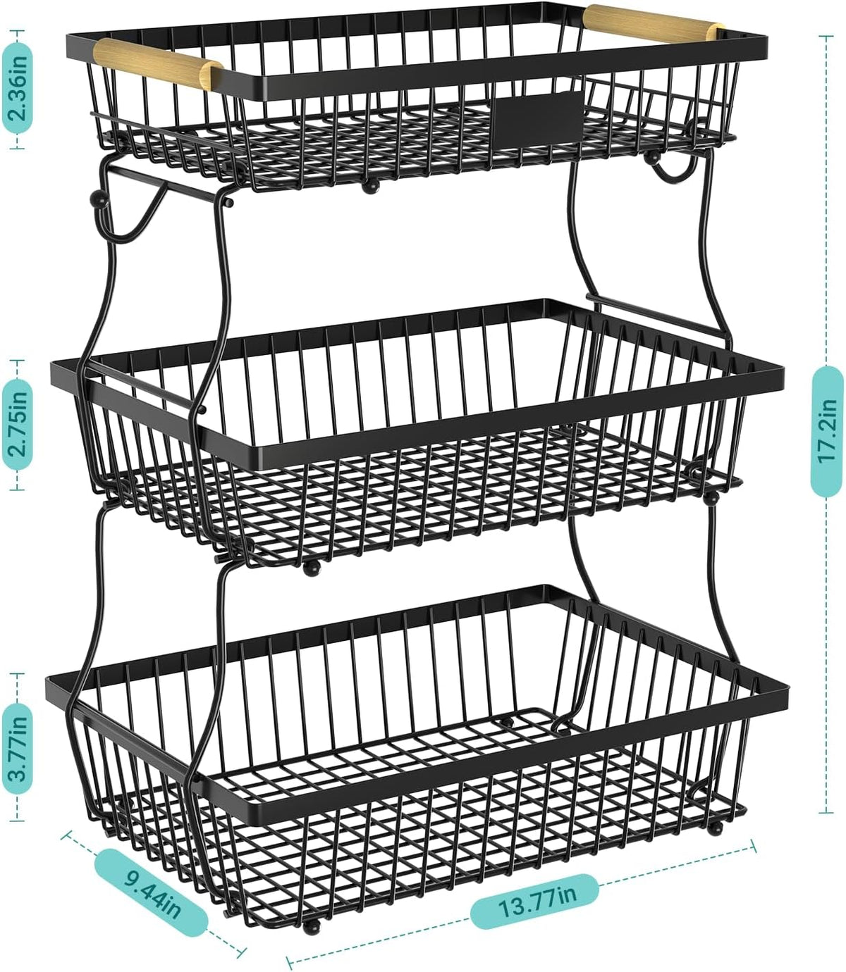 2 Tier Fruit Basket for Kitchen Counter with 2 Banana Hangers, Countertop Metal Bread Basket with Wooden Handle, Large Storage Stand for Vegetables, Snacks, Eggs, Produce Storage – Black