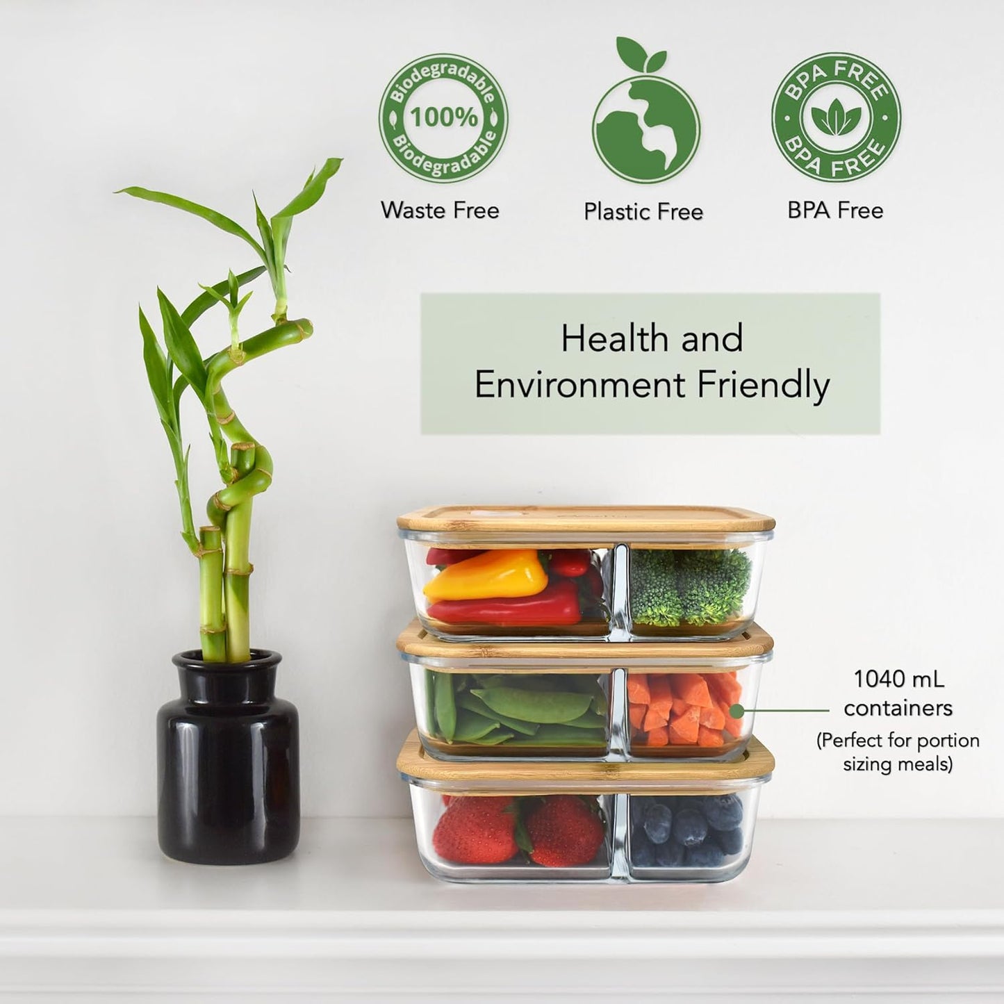 EcoPreps Glass Bento Box Containers with Bamboo Lids, 3 Compartment Glass Meal Prep Containers (3 Pack) - 100% Plastic Free, Eco-Friendly Lunch Container Set, Bamboo Lid Bento Boxes for Adults