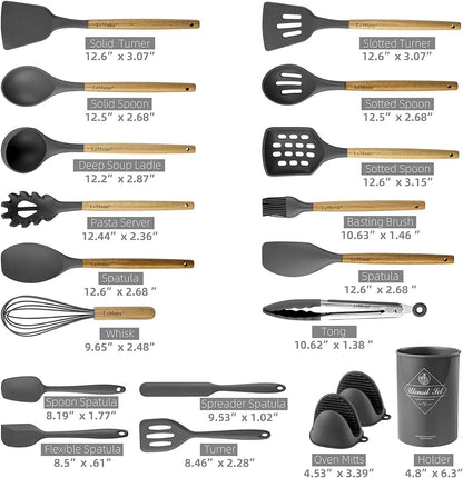Silicone Cooking Utensils Set, Kitchen Utensils for Cooking with Holder, Wooden Handle Silicone Utensils Spatula Set, Heat Resistant, BPA Free, Non Toxic Kitchen Gadgets, Gray
