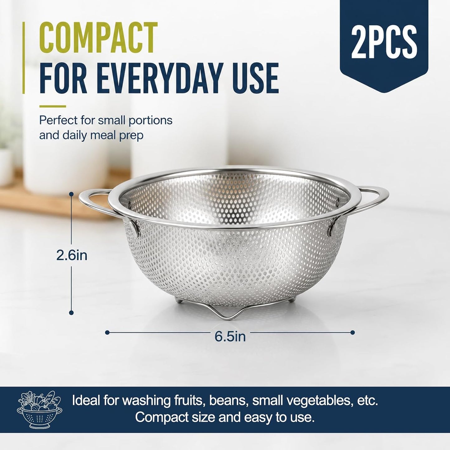 Palksky Stainless Steel Colander Set with Self-Draining Base, 3 Sizes Colanders & Food Strainers for Pasta, Rice, Fruits & Veggies, Metal Colander with Draining Plate for Sink or Countertop