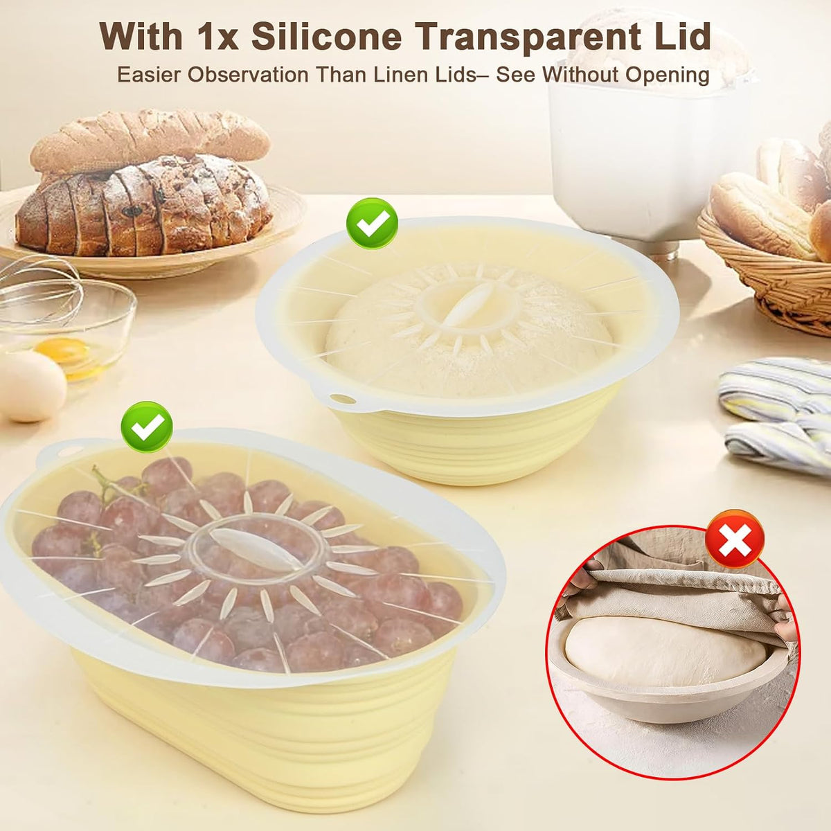 JOCXSPI Upgraded Thickened Silicone Banneton Proofing Baskets with Lids