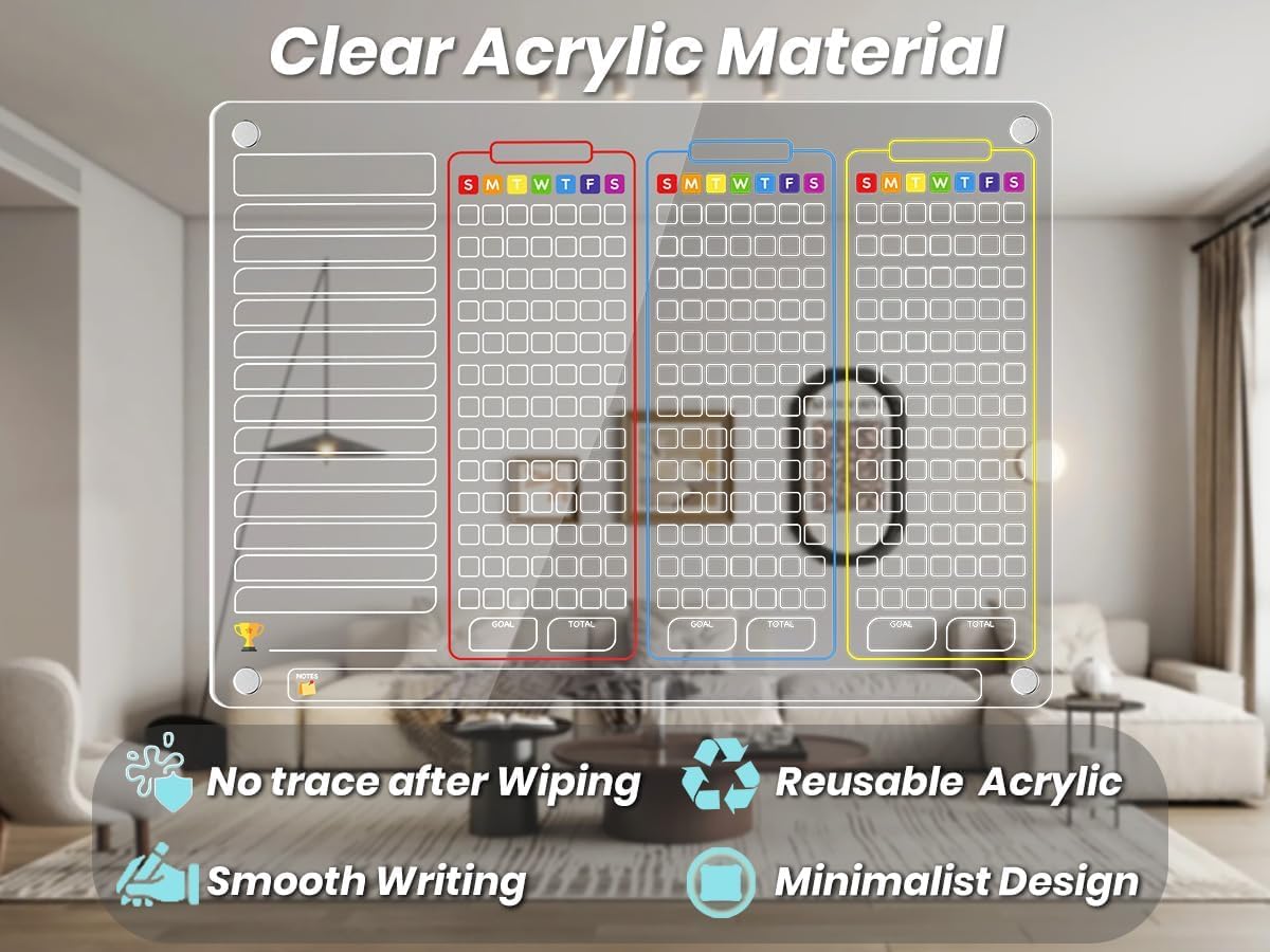 PigPotParty 2-in-1 Acrylic Magnetic Chore Chart for 2 Kids, Couples, Roommates, 15"x11" Large Dry Erase Chore Board for Fridge, Clear Weekly & Daily Reward Chart, Includes 12 Markers & Towel