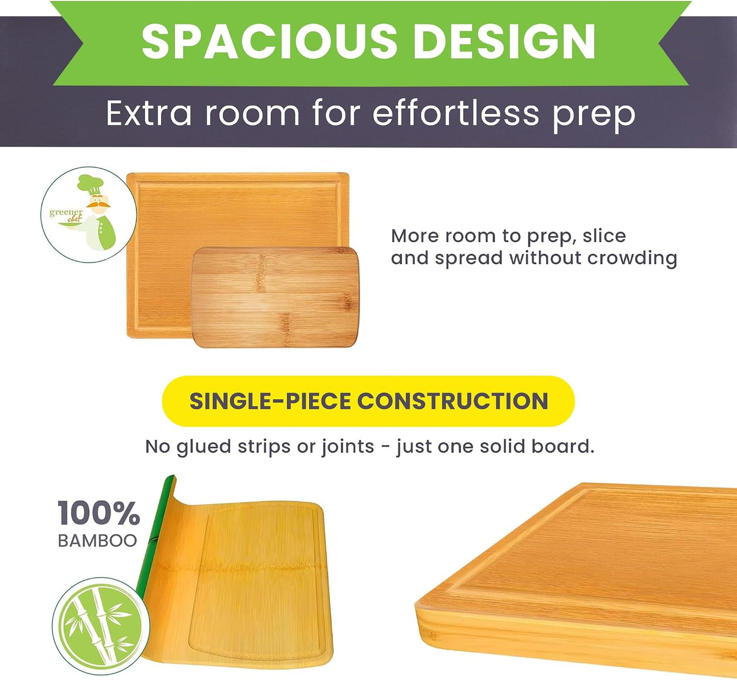 Greener Chef Luxury Bamboo Cutting Board Set of 3 with Glue-Free Surface Technology - Extra Spacious Wood Cutting Boards for Kitchen and XL Chopping Board Set - Replacements for Life
