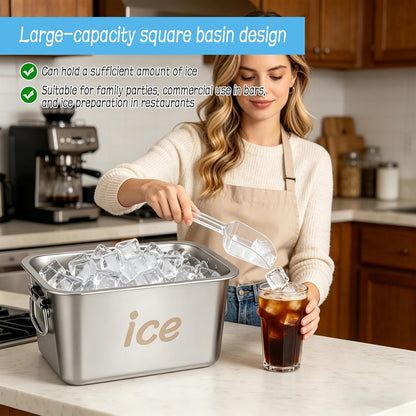 Strainless Steel Beverage Tub, Ice Buckets for Parties with Handle, Beer Ice Bucket Drink Cooler, Metal Wine Beer Champagne Bucket Drink Chiller, Rectangular Ice Storage Tub Ice Cube Bin for Freezer