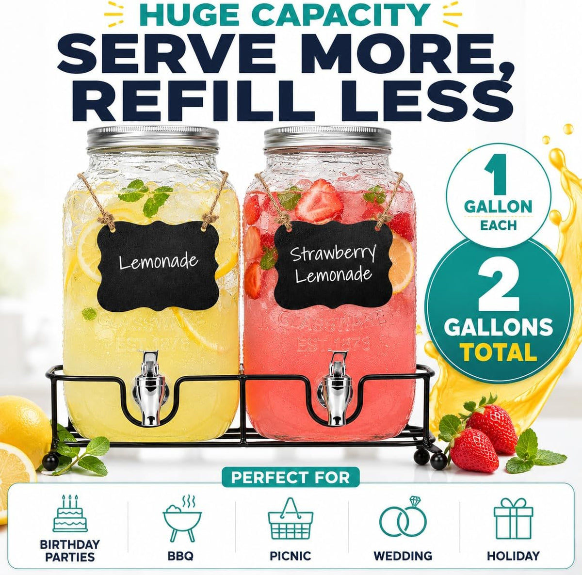 Estilo Gallon Drink Dispenser with Stand - Glass Beverage Dispenser with Stand for Weddings - Sun Tea Jar with Spigot 1 Gallon - Countertop Glass Water Dispenser for Lemonade and Parties