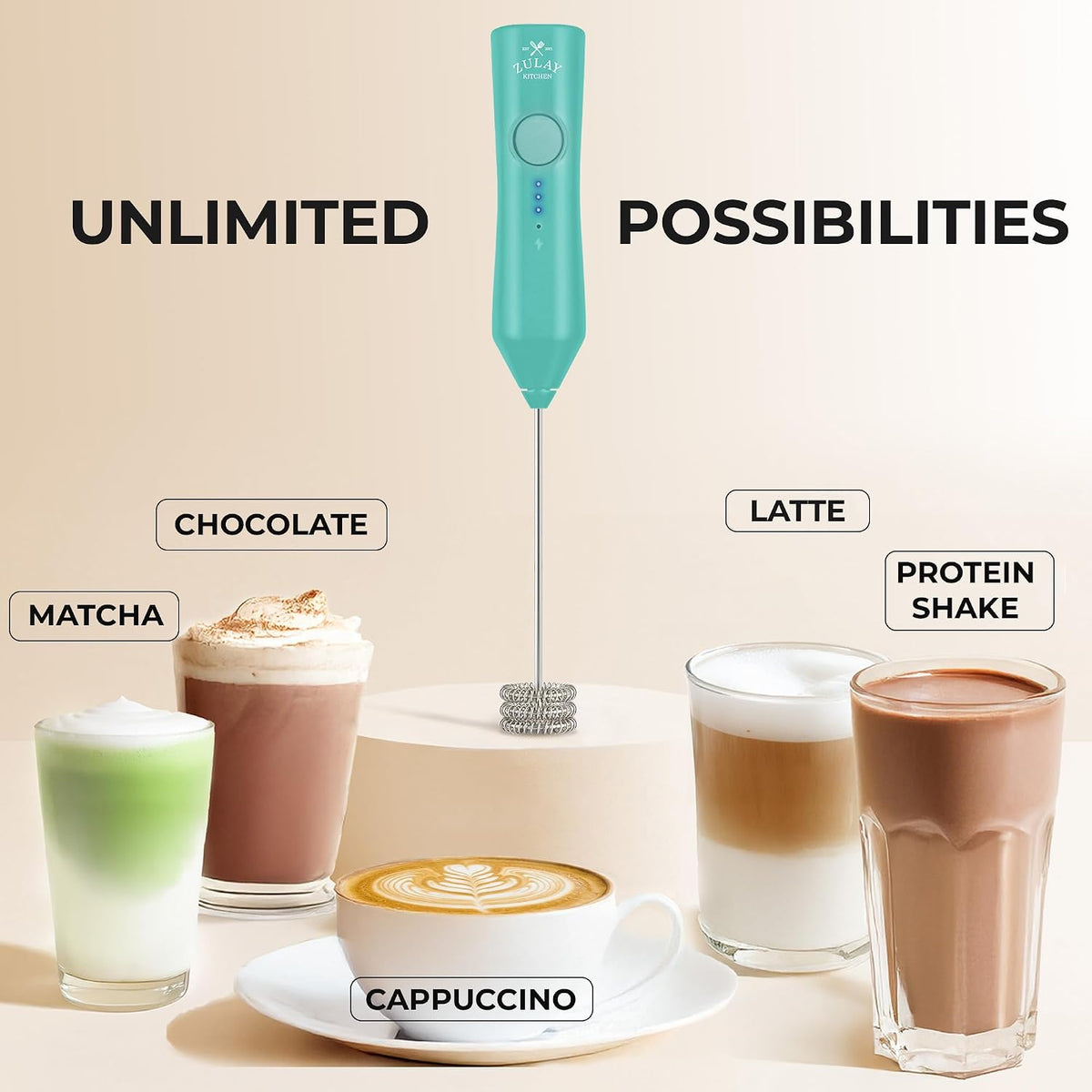 Zulay Kitchen Rechargeable Milk Frother Handheld - Frother Wand, Drink Mixer, Electric Whisk Frother, for Cappuccinos, Matcha & Protein Powder - Dynamic 3 Whisk, 3 Speed 500mAh Black - Colors D