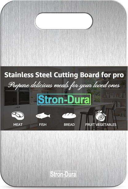 Stron-Dura Small Stainless Steel Cutting Board for Kitchen, 11.5" x 8" Food Grade Metal Chopping Board, Non Toxic Dishwasher Safe, Double Sided Odorless, Cutting Board for Meat Veggies Camping