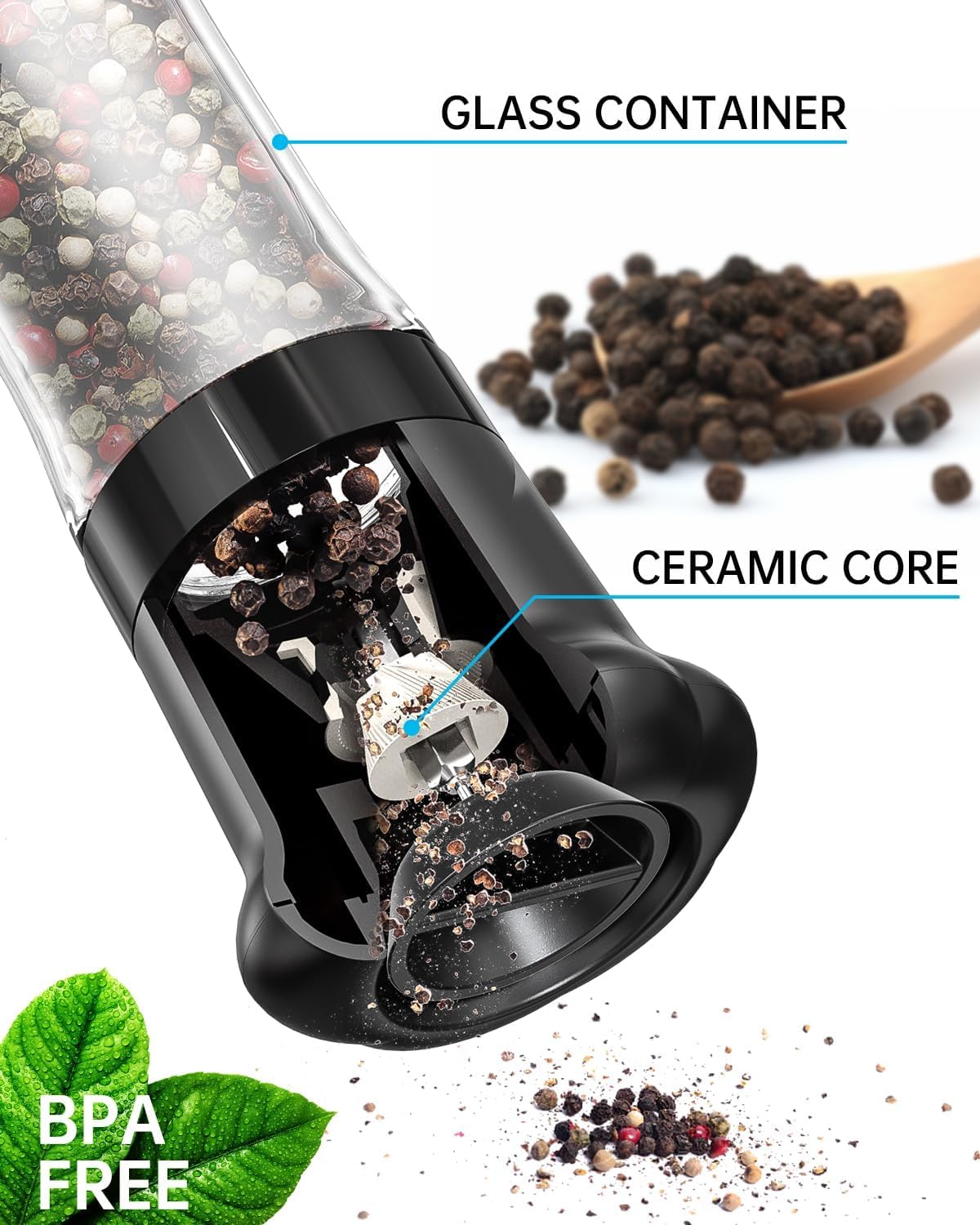 CIRCLE JOY Premium Manual Salt and Pepper Grinder Set, Refillable Salt and Pepper Shakers with Ceramic Blades, Adjustable Coarseness and BPA-free 180ml Glass Container, Tall Black White