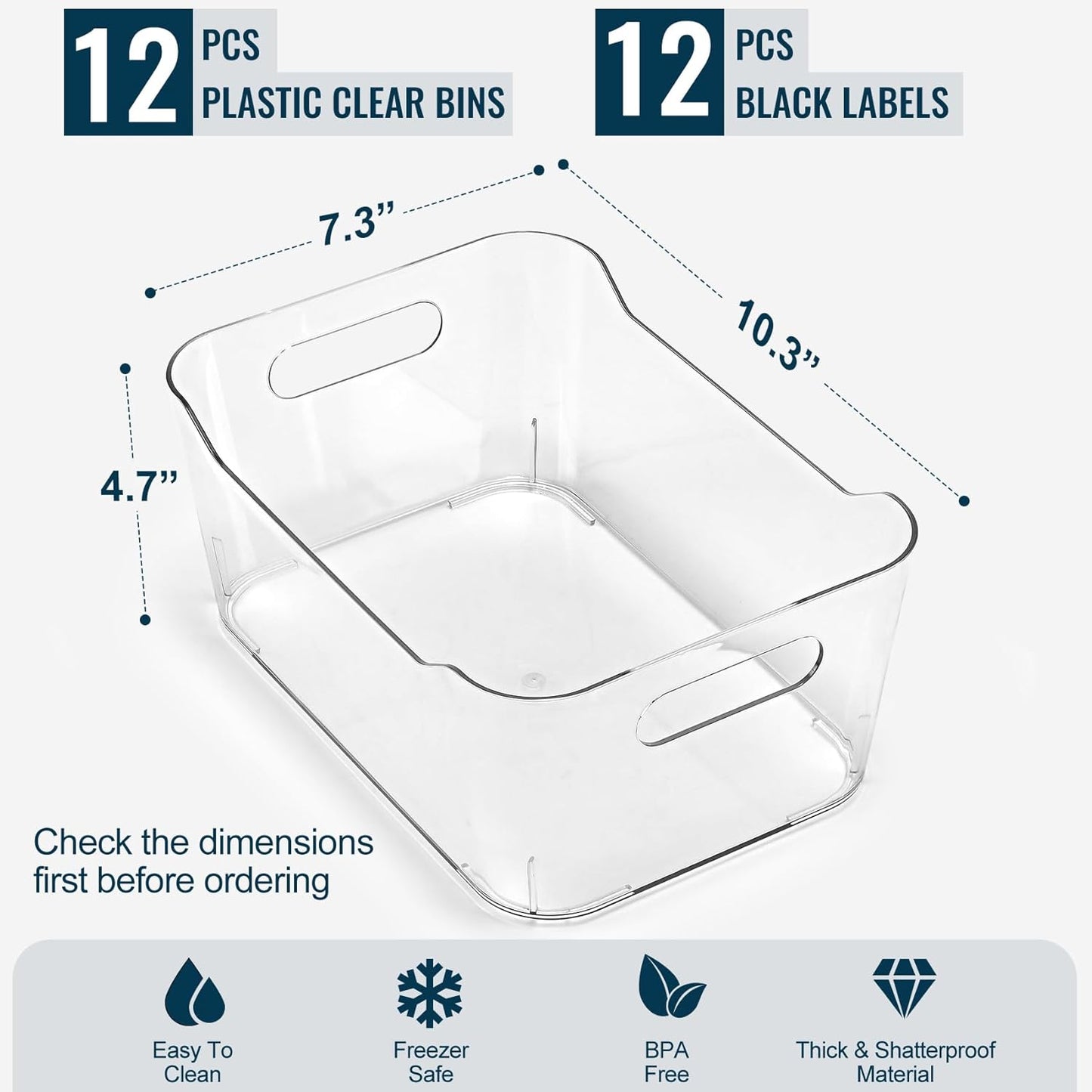 12 PACK Multi-Use Clear Plastic Storage Bins for Organizing w/ Labels - Home, Kitchen, Pantry, Bathroom, Office, Cabinet Shelf Organizer Bins - SOHO Collection, RV, Fridge Organization Containers -XL