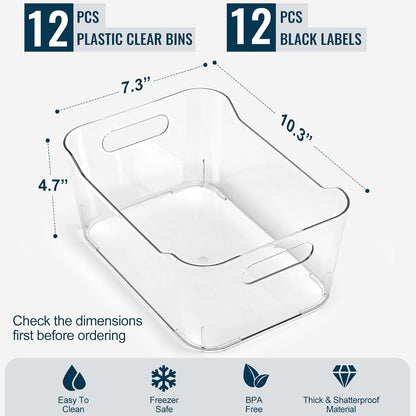 12 PACK Multi-Use Clear Plastic Storage Bins for Organizing w/ Labels - Home, Kitchen, Pantry, Bathroom, Office, Cabinet Shelf Organizer Bins - SOHO Collection, RV, Fridge Organization Containers -XL