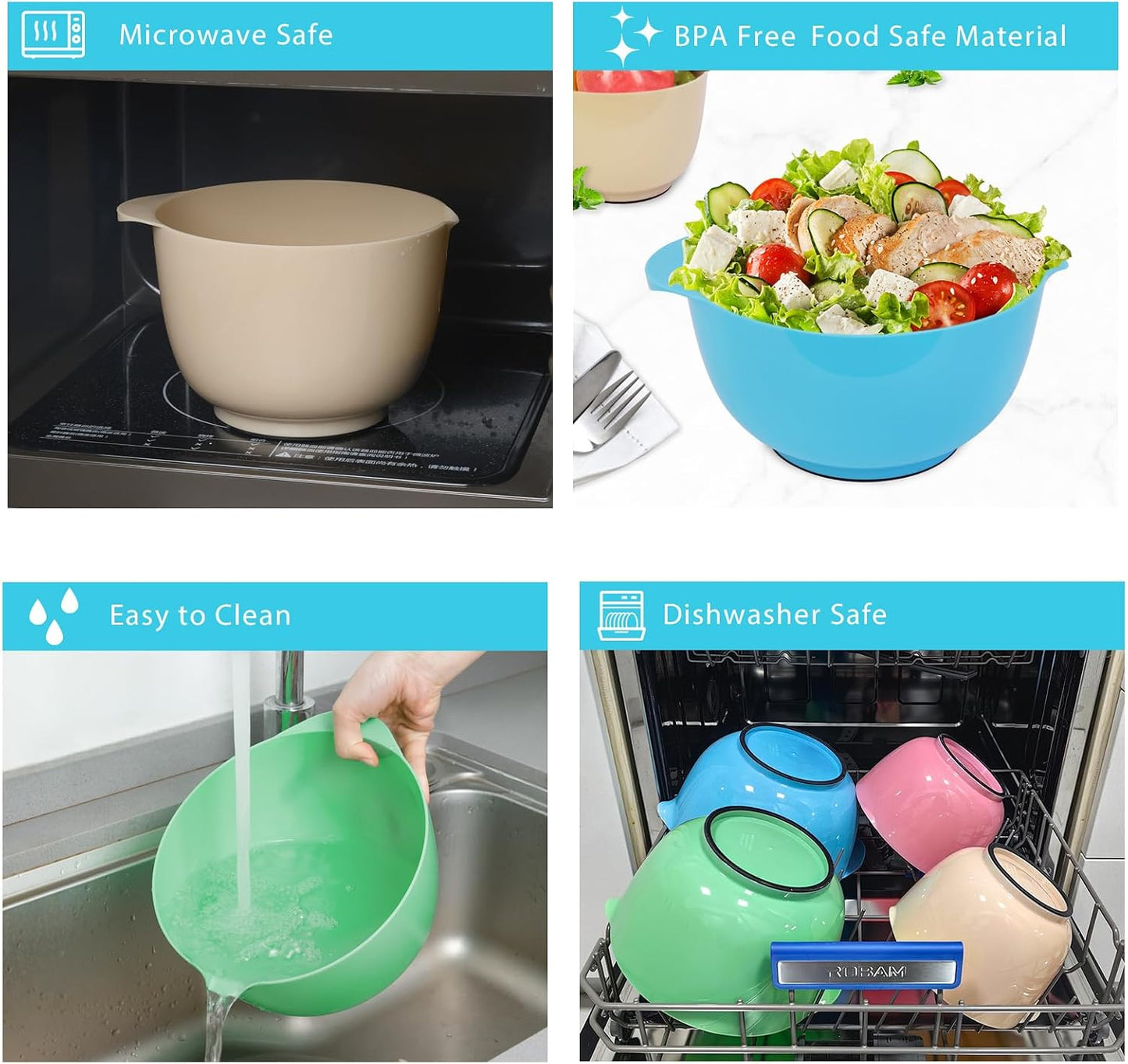 BoxedHome Nesting Plastic Mixing Bowl Set With Pour Spout, Microwave and Dishwasher Safe, BPA free Non-Slip Base, Set of 4 Size 1.7, 2.5, 3.5 and 4.5qt, Great for Prepping, Baking, Cooking (Dark Blue)
