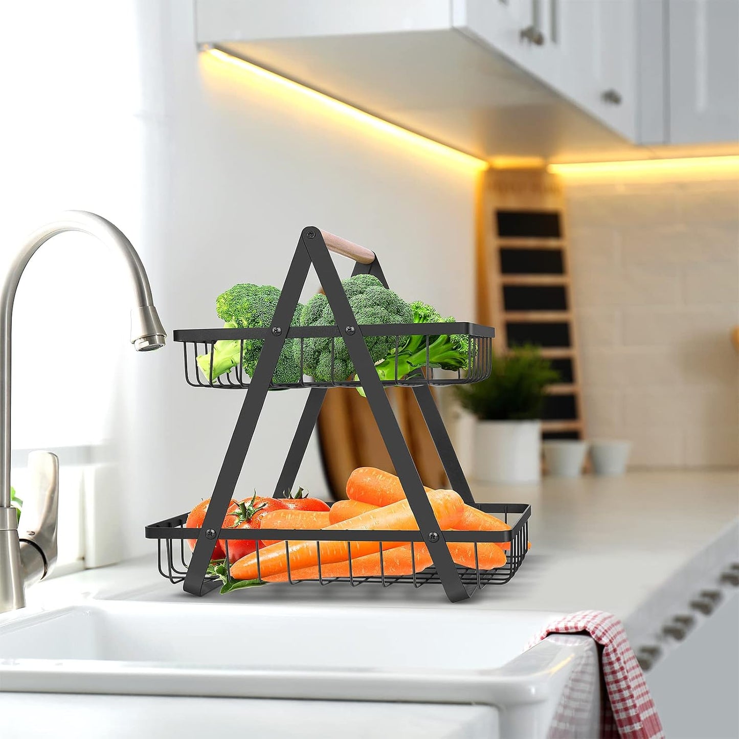 mahueeol 2-Tier Metal Fruit Basket for Kitchen Counter with Wooden Handle | Detachable rectangular baskets hold fruits, vegetables, bread and snacks; use stacked or separately in kitchens and pantries