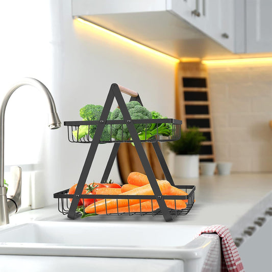mahueeol 2-Tier Metal Fruit Basket for Kitchen Counter with Wooden Handle | Detachable rectangular baskets hold fruits, vegetables, bread and snacks; use stacked or separately in kitchens and pantries