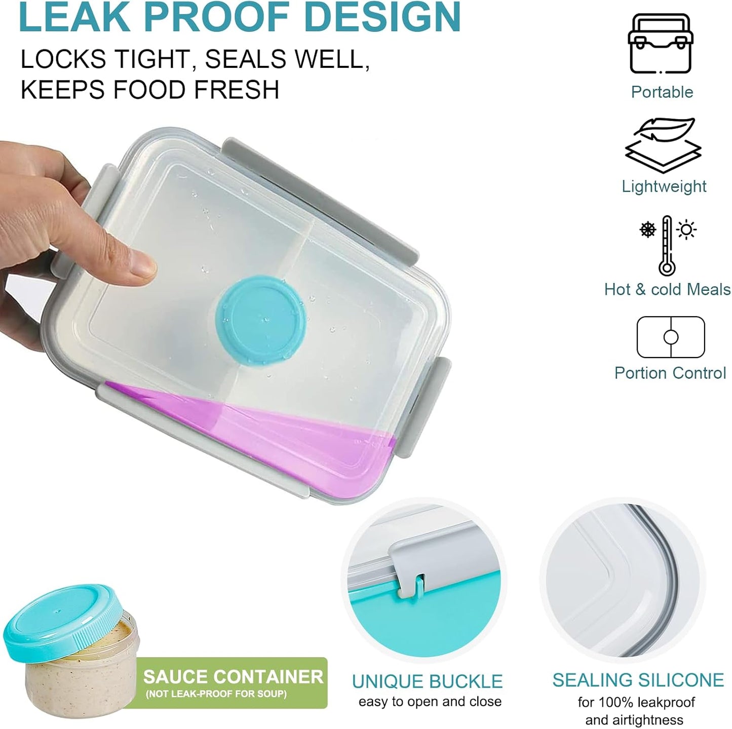 3 Pack Salad Lunch Box Food Storage Containers, 47oz Bento Box To Go Container with Lids, Reusable Meal Prep Containers with Removable Tray & Dressing Pots for Kids and Adults, Microwave Safe