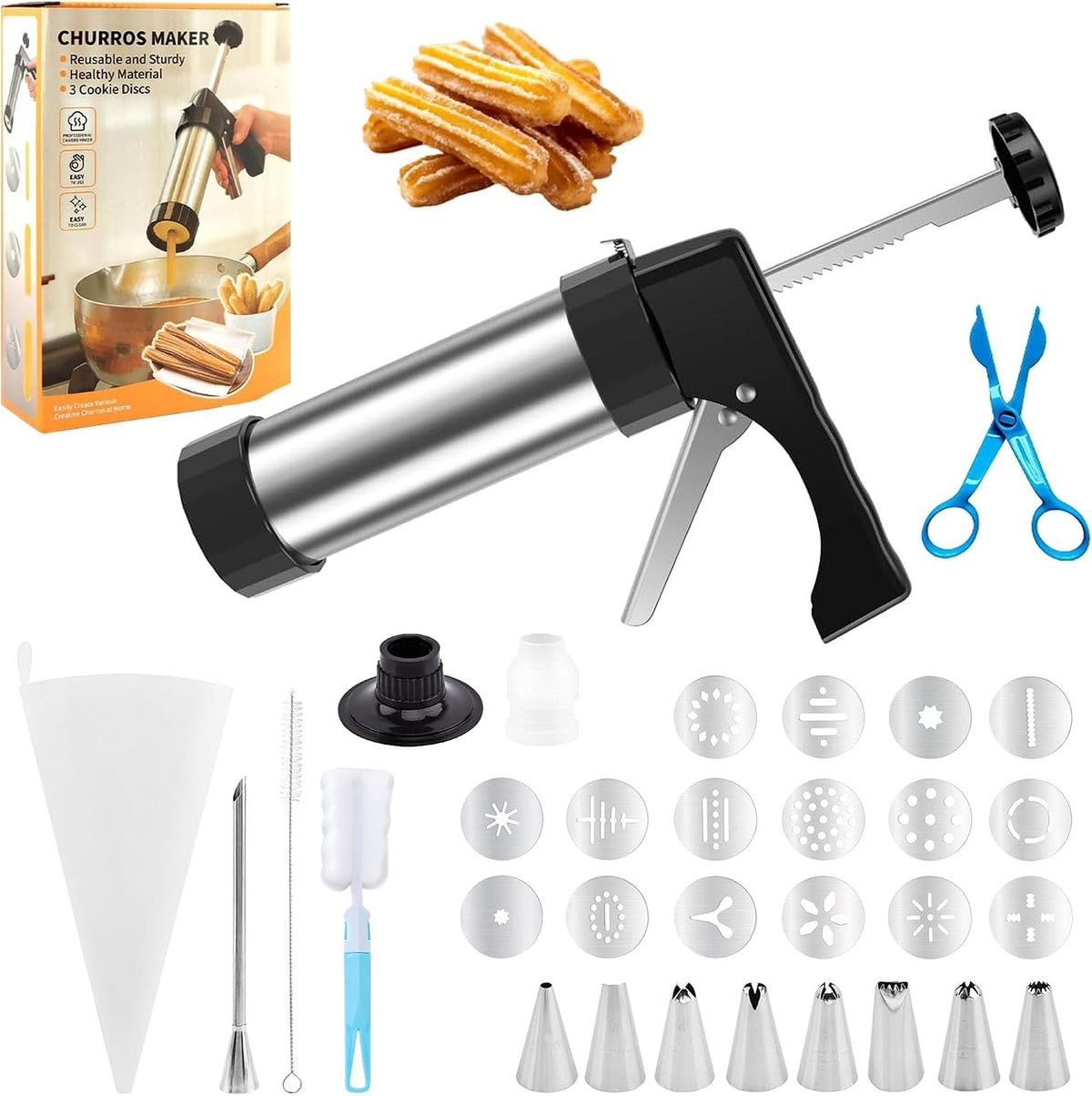 Stainless Steel Churro Maker and Cookie Press, 16 Discs, 8 Tips