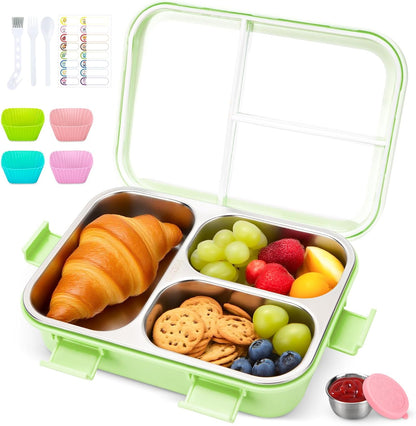 Kids Stainless Steel Bento Box, 3 Compartments Leakproof Lunch Box, Portable Food Storage Containers with Silicone Lids BPA-Free for Office, Picnics, Travel, Blue