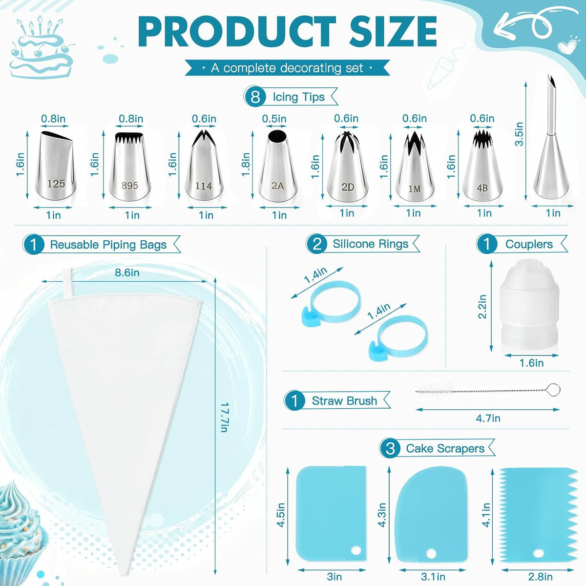 8PCS Large Piping Tips Set, Piping Bags and Tips Set, 304 Stainless Steel Cake Decorating Tips with Reusable Piping Bag, Cake Decorating Kit for Cookie, Cupcake, Cake Decoration