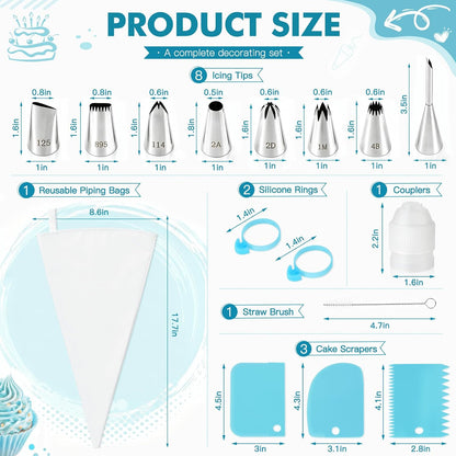 8PCS Large Piping Tips Set, Piping Bags and Tips Set, 304 Stainless Steel Cake Decorating Tips with Reusable Piping Bag, Cake Decorating Kit for Cookie, Cupcake, Cake Decoration