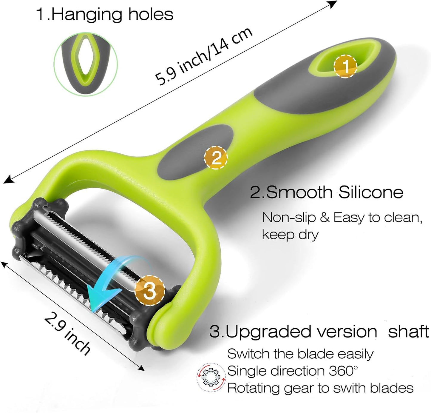 Senbowe Julienne Peeler, Potato Vegetable Peeler for Kitchen, I and Y Potato Peelers for Apple Fruit Carrot Zucchini Cucumber Veggie, 3 in 1 Blade Spin Design, Anti-Slip Handle