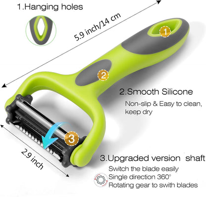 Senbowe Julienne Peeler, Potato Vegetable Peeler for Kitchen, I and Y Potato Peelers for Apple Fruit Carrot Zucchini Cucumber Veggie, 3 in 1 Blade Spin Design, Anti-Slip Handle