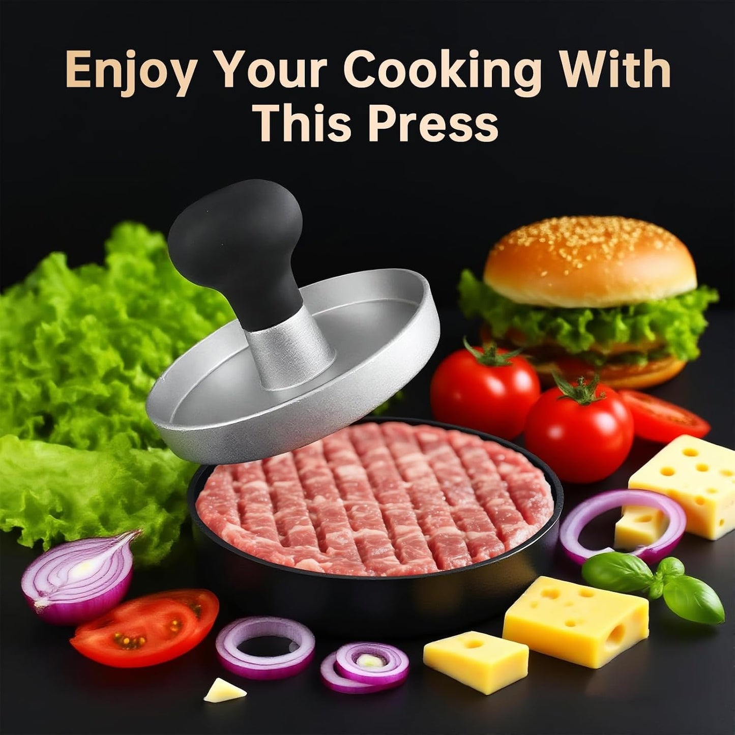 Burger Press Patty Maker Stainless Steel Hamburger Patty Press Mold Wood Handle Non-Stick with 100 Patty Papers,BBQs, and Cooking – Perfect for Flattening Patties and Searing Juicy Burgers
