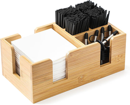 Mifoci Wooden Bar Caddy with 6 Compartments, Acacia Wood Bar Caddy Napkin & Straw Holder Organizer Cocktail Napkin Holder Condiments for Home Office Kitchen Countertop (Brown, 10.6 L x 5.5 W)