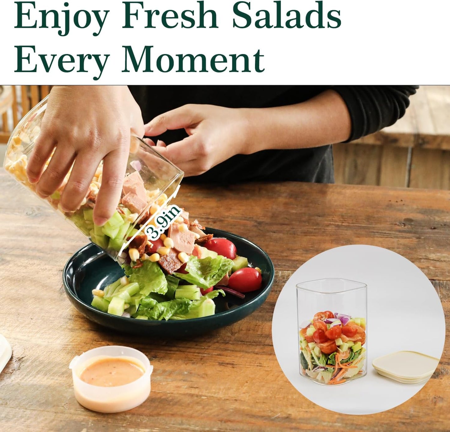 LIBWYS 39oz Large Glass Salad Jars with Lids Meal Prep, 5pack Square Containers for Home Storage & Lunch, Built-In Leakproof Compartments, Wet/Dry Separation for Salad Dressing & Ingredients