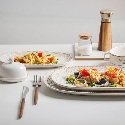 Oval Serving Platter, 14"/12"/10" Ceramic Serving Platters, Embossed White Serving Plates, Stackable Porcelain Tray for Appetizer, Dessert, Pasta, Sushi, Oven Dishwasher Safe, Set of 3, Family Dining