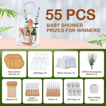 55Pcs Baby Shower Prizes for Game Winners 6 Sets Charcuterie Board with Spoons Butter Spreaders Forks Plaid Towel Thanks Card and Gift Bags for Bridal Shower Favors Party (Heart Shaped)