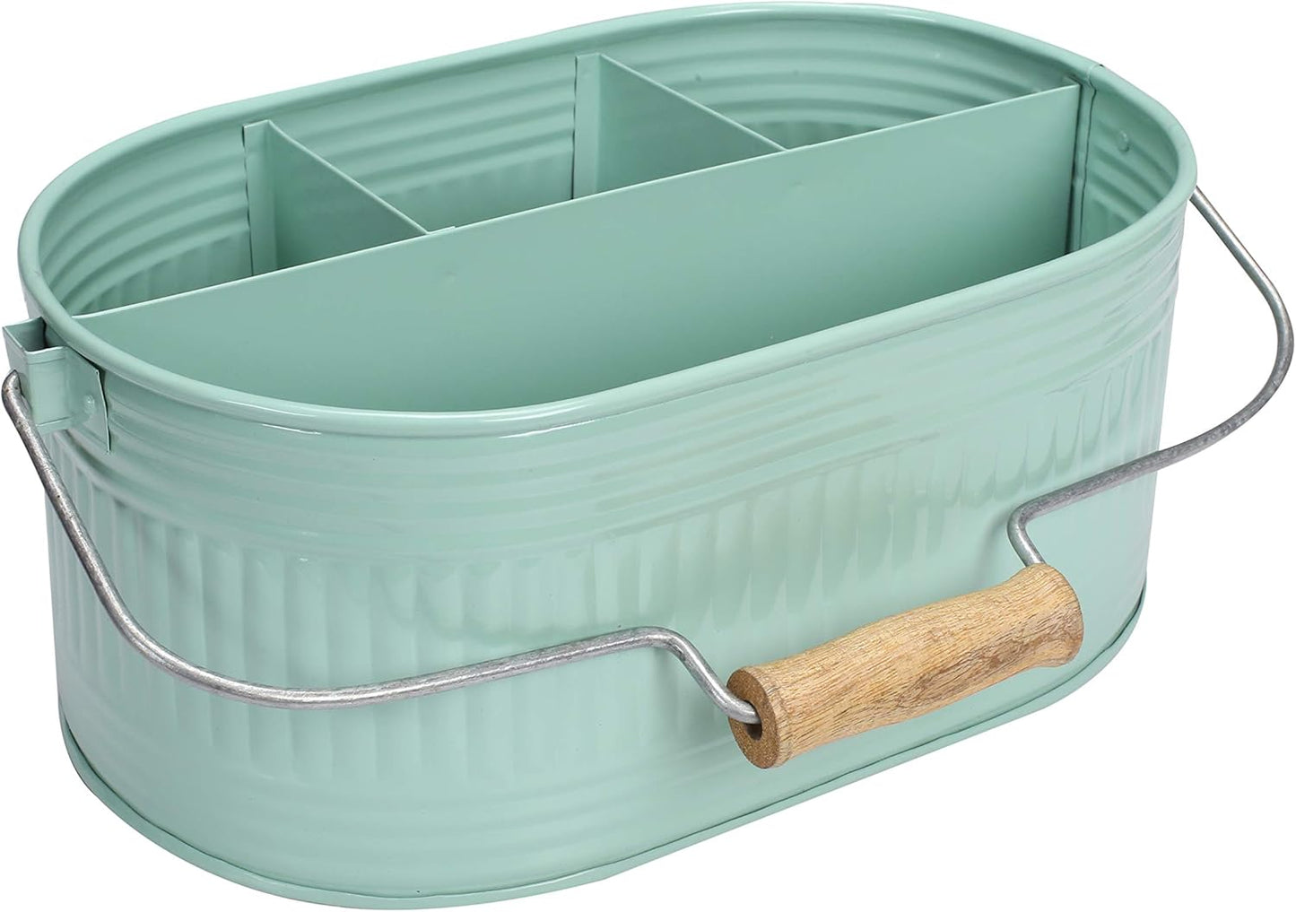 Alpha Living Home Galvanized Metal Utensil Caddy - Rustic Farmhouse Organizer Metal Garden Caddy with 4 Compartments and Wooden Handle for Kitchen, Buffet & Outdoor Events (Silver)