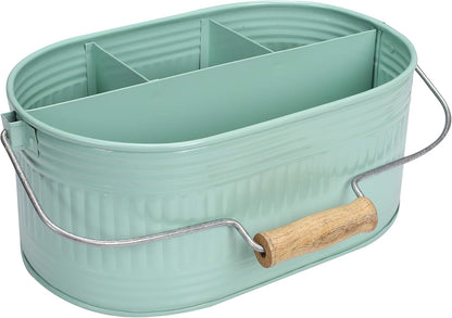 Alpha Living Home Galvanized Metal Utensil Caddy - Rustic Farmhouse Organizer Metal Garden Caddy with 4 Compartments and Wooden Handle for Kitchen, Buffet & Outdoor Events (Silver)