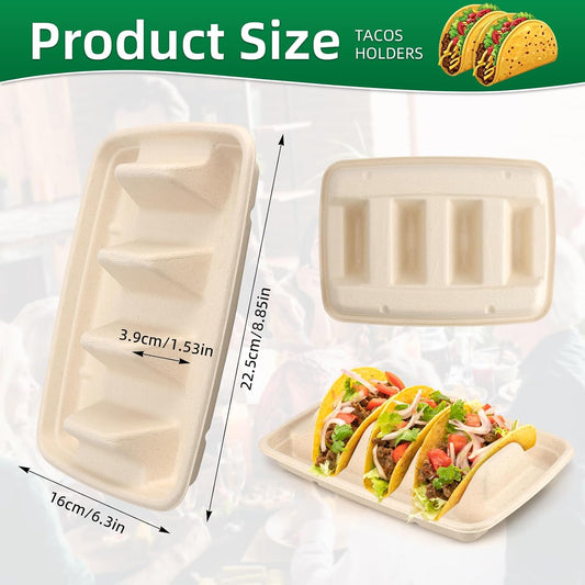 Disposable Taco Holders for Party - Bagasse Pulp Fiber Plates With 3 Dividers for Gathering, Fiesta Tray, Recyclable for Taco Tuesday Lazy Susan Bar (50PCS)