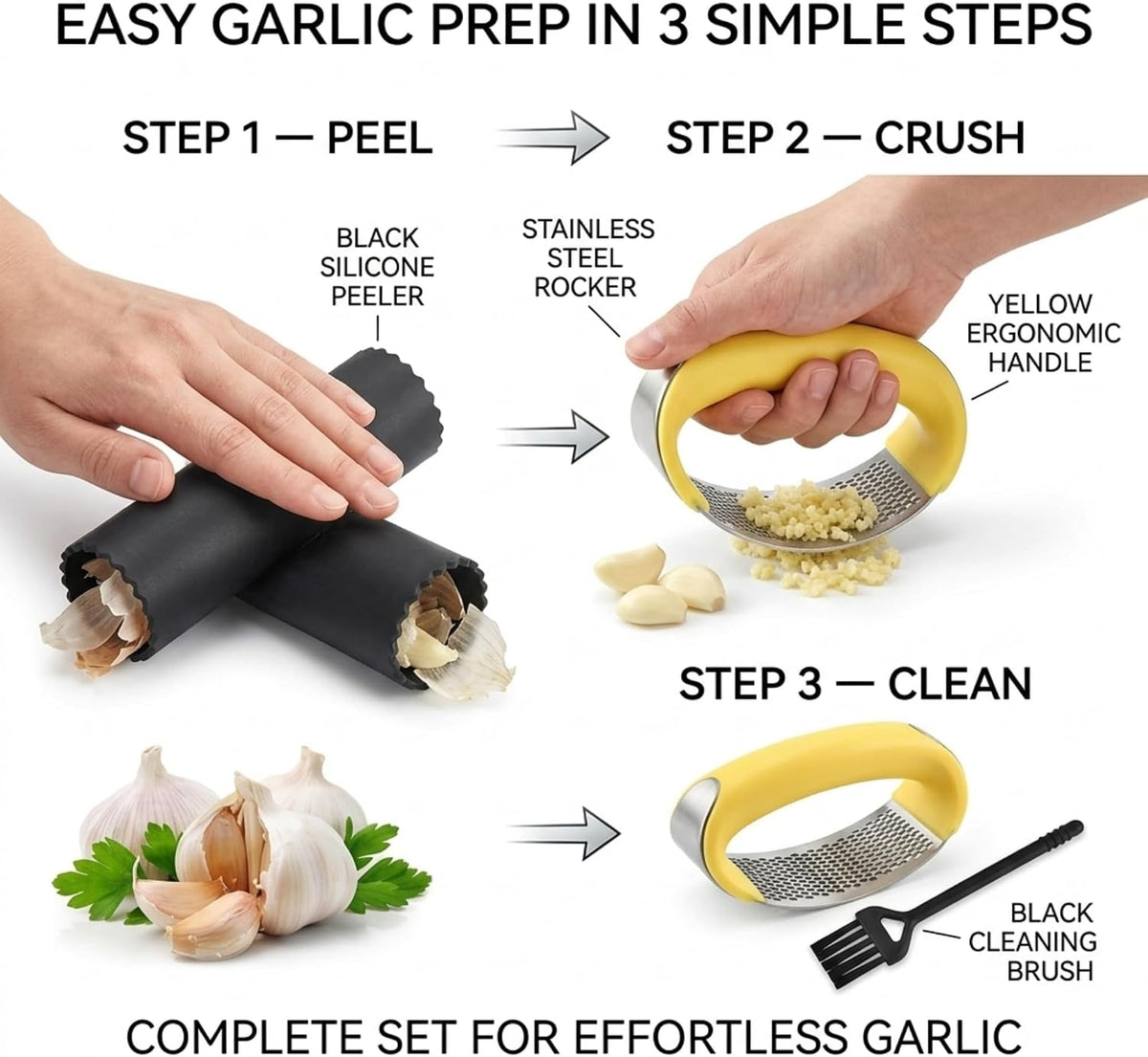 Angel's Peel Lounge Stainless Steel Garlic Press Rocker Set with Silicone Garlic Peeler & Cleaning Brush – Garlic Chopper, Mincer, Grater, Crusher – Easy for Crushed Cloves – Rust-Resistant, Black