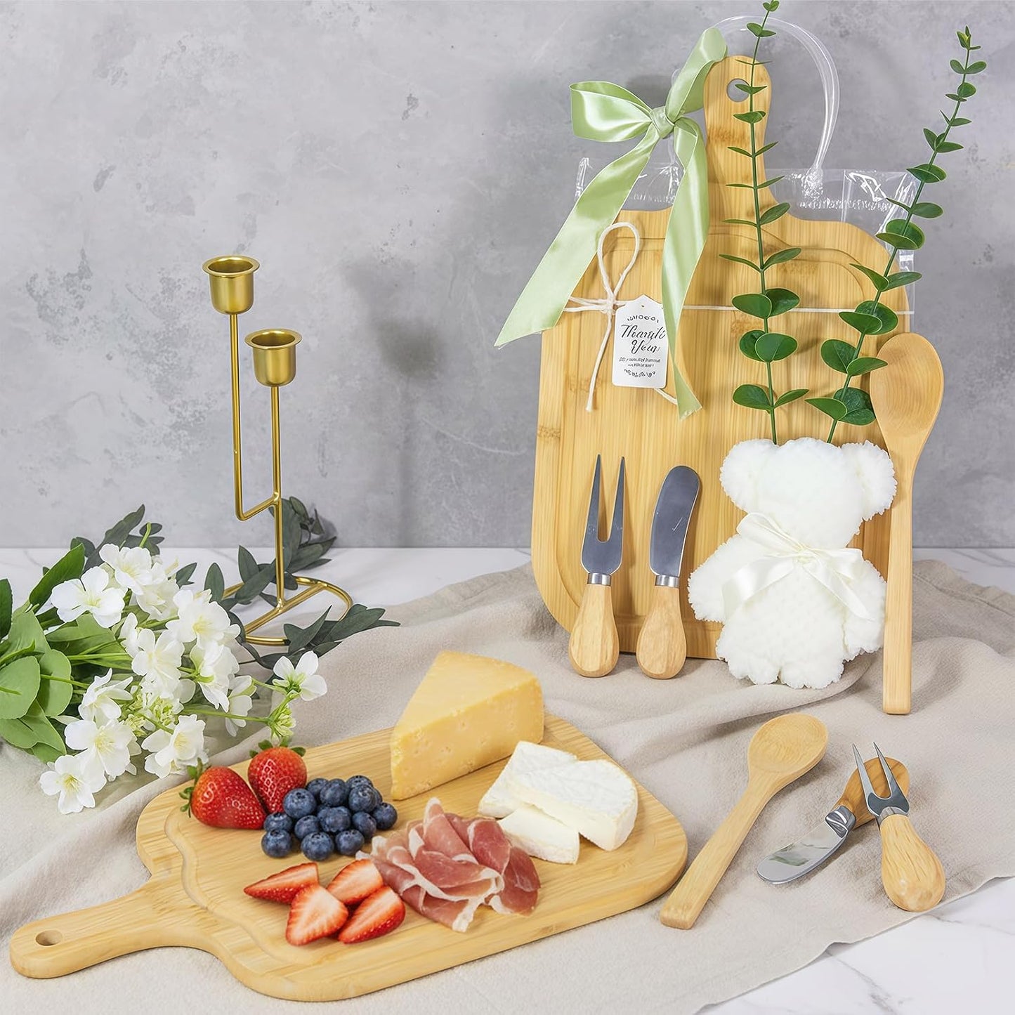 4 Set Baby Shower Game Prizes for Game Winners Adults, Bamboo Mini Charcuterie Boards with Spoon Fork Towel & Gift Bags, Bridal Shower Prizes Gifts for Guests - All-in-One Adult Party Favors