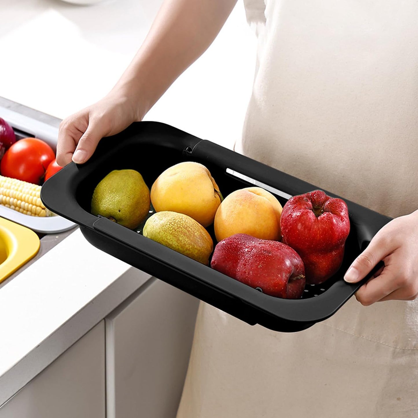 KesaPlan Collapsible Sink Colanders and Strainers Basket Over the Colander Extendable Plastic Fruit Vegetable Strainer Drainer for Kitchen(Length 14.3-19.4 inch)(Gray Set of 2)