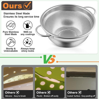 P&P CHEF Colander Strainer Stainless Steel 3 Quart, Metal Micro-Perforated Colander for Kitchen Food, Ideal for Rinsing Washing Draining, Dishwasher Safe, Shiny Silver, 2PCS