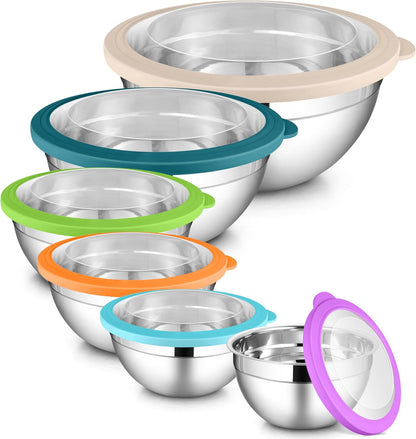 LIANYU Stainless Steel Mixing Bowls Sets of 6, Large 7, 3.5, 2.5, 2, 1.5, 1QT Size with Transparent Airtight Lids, Metal Nesting Serving Bowl Sets for Home Kitchen, Dishwasher & Freezer Safe, Black