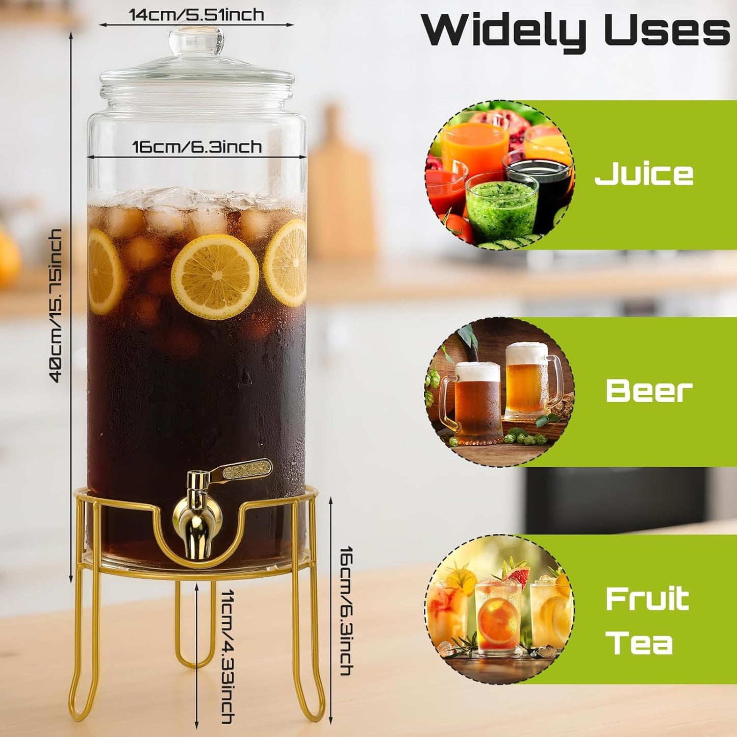 DHSBTLS 1 Gallon Glass Drink Dispensers, Round Beverage Dispenser for Party, BBQ and Picnic, Clear Airtight Juice Dispenser with Golden Stand, Stainless Steel Spigot, Markers and Chalkboard