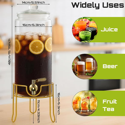 DHSBTLS 1 Gallon Glass Drink Dispensers, Round Beverage Dispenser for Party, BBQ and Picnic, Clear Airtight Juice Dispenser with Golden Stand, Stainless Steel Spigot, Markers and Chalkboard