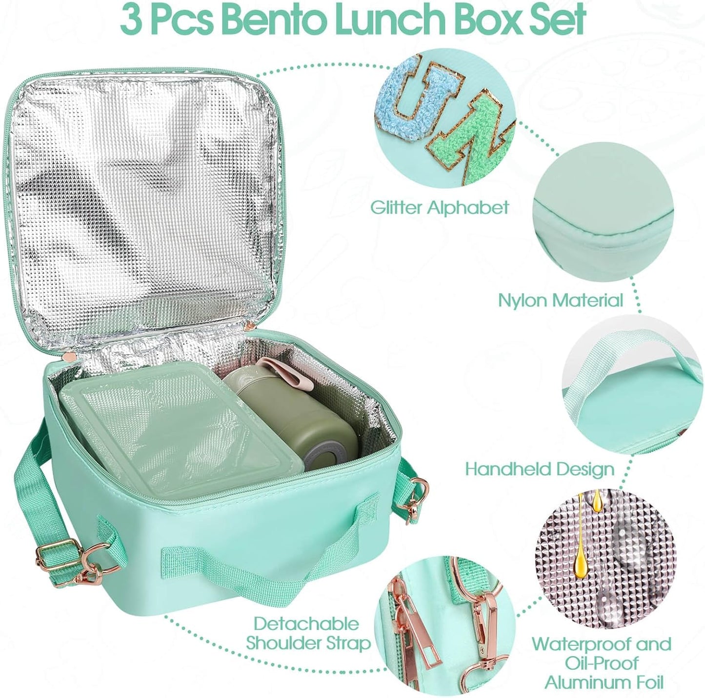 Insulated Lunch Bag for Boys Girls with 10oz Thermo, with 6 Compartment Bento Box, Black Nylon Preppy Lunch Box Adjustable Strap for Boy Girl Kids Teens School Travel Picnic