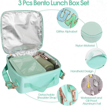 Insulated Lunch Bag for Boys Girls with 10oz Thermo, with 6 Compartment Bento Box, Black Nylon Preppy Lunch Box Adjustable Strap for Boy Girl Kids Teens School Travel Picnic